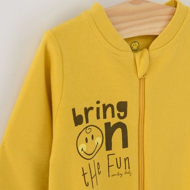 Cool Club, Pijama tip salopeta pentru baieti, bumbac organic, galben, gri, imprimeu Smiley World, set 2 buc.