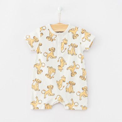 Cool Club, Salopeta Rompers pentru baieti, bumbac organic, turcoaz, gri, imprimeu Lion King, set 2 buc.