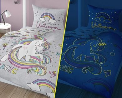 Magic Unicorn, set lenjerie de pat single, fluo, 140-200 cm