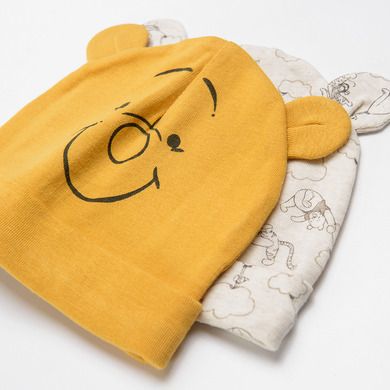 Cool Club, Caciula pentru baieti, bumbac organic, bej melanj, galben, imprimeu Winnie the Pooh, set 2 buc.