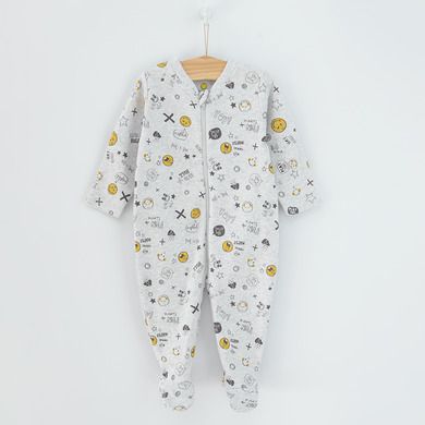 Cool Club, Pijama tip salopeta pentru baieti, bumbac organic, galben, gri, imprimeu Smiley World, set 2 buc.