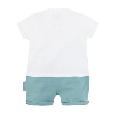 Cool Club, Salopeta Rompers pentru baieti, bumbac organic, alb-albastru, imprimeu Lion King