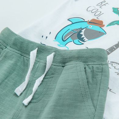 Cool Club, Set pentru baieti, tricou, pantaloni scurti, alb-verde, imprimeu rechin, Be cool