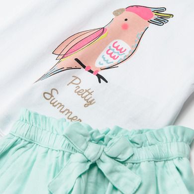 Cool Club, Set pentru fete, Bluza cu maneca scurta, Pantaloni scurti, alb-verde menta, imprimeu papagal, Pretty Summer