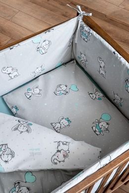 Elefanti, set lenjerie de pat si aparatori patut, 3 piese, menta verde, 90-120 cm