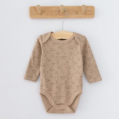 Cool Club, Body cu maneca lunga pentru baieti, maro, ecru, imprimeu animale salbatice, set 3 buc.