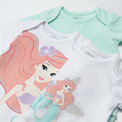 Cool Club, Body cu maneca scurta pentru fete, bumbac organic, mix de culori, imprimeu Ariel, Disney Princes, set 3 buc.