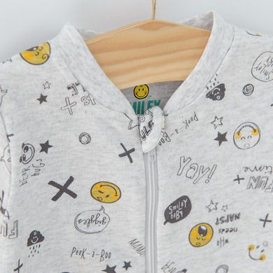 Cool Club, Pijama tip salopeta pentru baieti, bumbac organic, galben, gri, imprimeu Smiley World, set 2 buc.