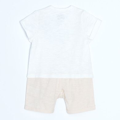 Cool Club, Salopeta rompers pentru baieti, bumbac organic, ecru, imprimeu Disney