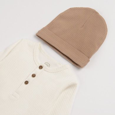 Cool Club, Set pentru baieti, Body cu maneca lunga, Pijama tip salopeta, Caciula, bumbac organic, ecru, maro