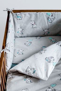 Elefanti, set lenjerie de pat si aparatori patut, 3 piese, menta verde, 90-120 cm