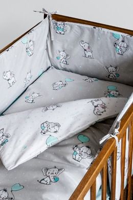 Elefanti, set lenjerie de pat si aparatori patut, 3 piese, menta verde, 90-120 cm