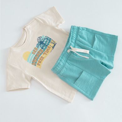 Cool Club, Set pentru baieti, Tricou, Pantaloni scurti, bej-turcoaz