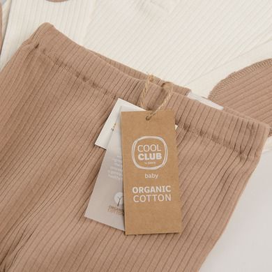 Cool Club, Set pentru baieti, Body cu maneca lunga, Pijama tip salopeta, Caciula, bumbac organic, ecru, maro